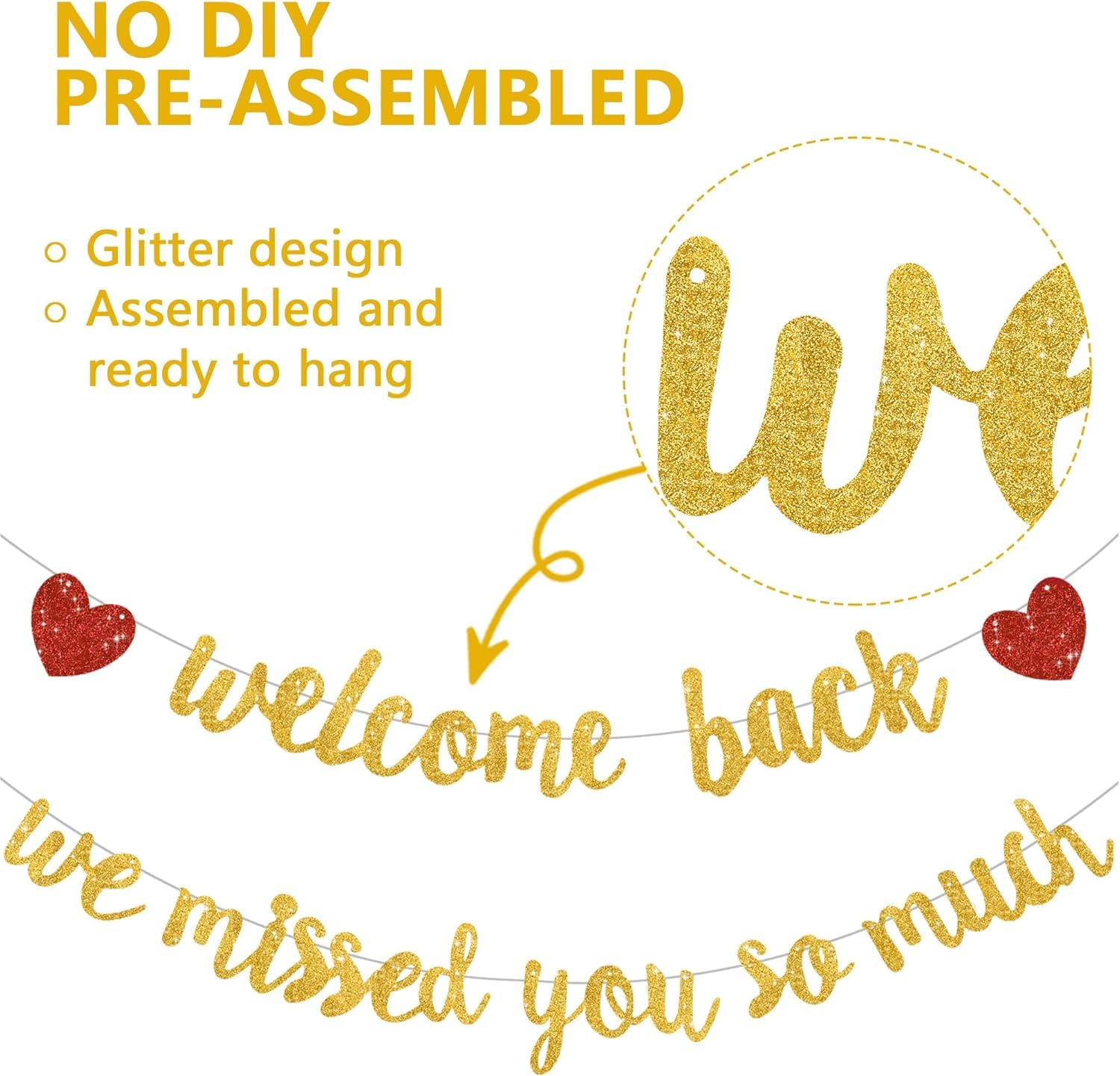 DecoGlee Glitter Gold Welcome Back We Missed You So Much Banner,NO DIY,for Welcome Home Celebration Decorations Family Gathering,Back to School Events Military Homecoming Decoration - Image 3