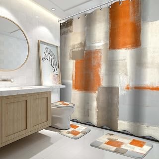 Lnond Orange 4PCS Shower Curtain Bathroom Set with Non-Slip Rugs, Bath Mat, Lid Cover & Hooks - Modern Art HD Print