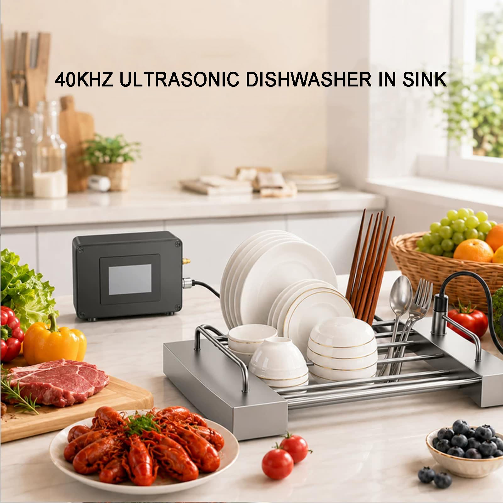 Lavastoviglie A Ultrasuoni da 40 Khz per Lavello, 300 W, con Comandi Touch, Programma da 1 A 99 Minuti, per Contenitori da 10 A 20 Litri, Non Richiede Installazione