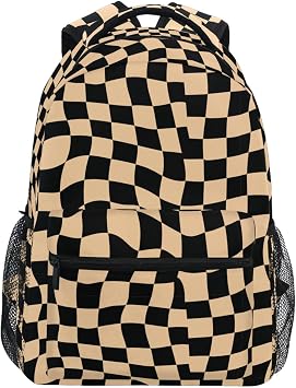Pfrewn Backpack for Girls Boys Lightweight School Bag for Elementary, Middle & High School, Teen Bookbag, Womens Casual Travel Daypack, Checkered Wavy Feldspar, 16"