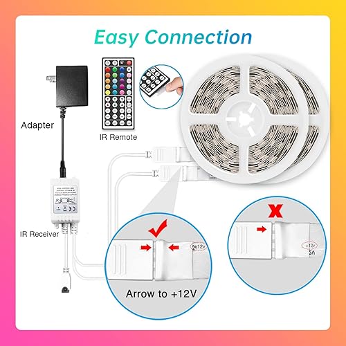 Vista 17 de Tira de luces LED con control remoto de 44 teclas de 50 pies, luces LED RGB SMD5050, tira de luz LED de 12 voltios que cambia