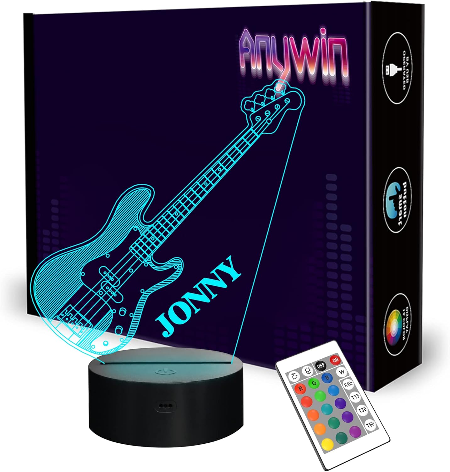 Anywin Guitar Custom Night Lights, 16 LED Colors Changing Lighting, Guitar Acrylic Lamp Table Desk Bedroom Decoration, Cool Gifts Ideas Birthday Xmas