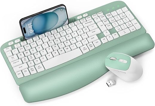 Wireless Keyboard and Mouse Combo, Full-Sized Ergonomic Wave Keys Keyboard with Memory Foam Wrist Rest & Phone Holder, 2.4G Quiet Keyboard Mouse Work Setup for PC Laptop, Office or Home Mint Green