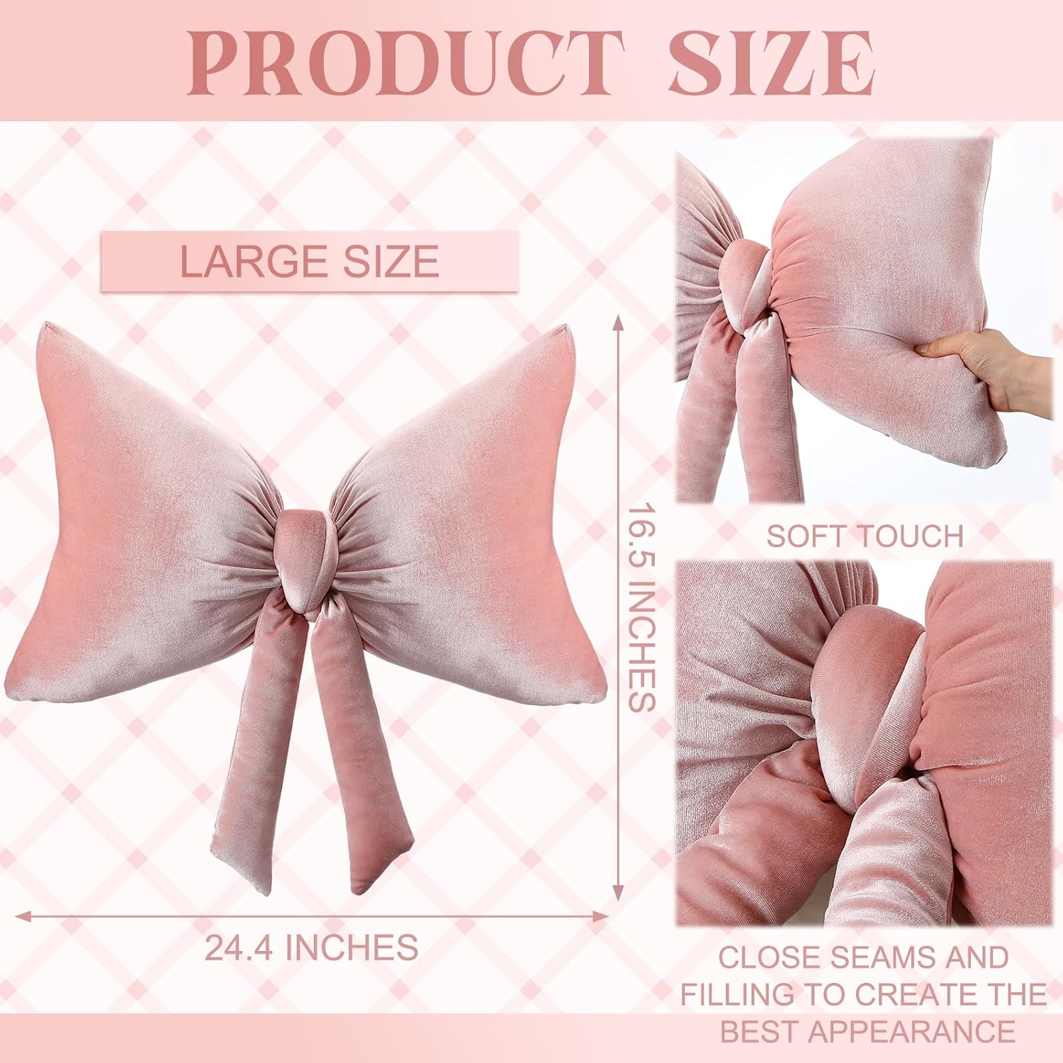 Mindsoft Big Pink Bow Throw Pillow 24.4x16.5 Inch Extra Large Velvet Bow Shaped Pillow Cute Decorative Aesthetic Bowknot Lumbar Cushion Coquette Home Decor for Wedding Nursery Bed Sofa Couch Decor