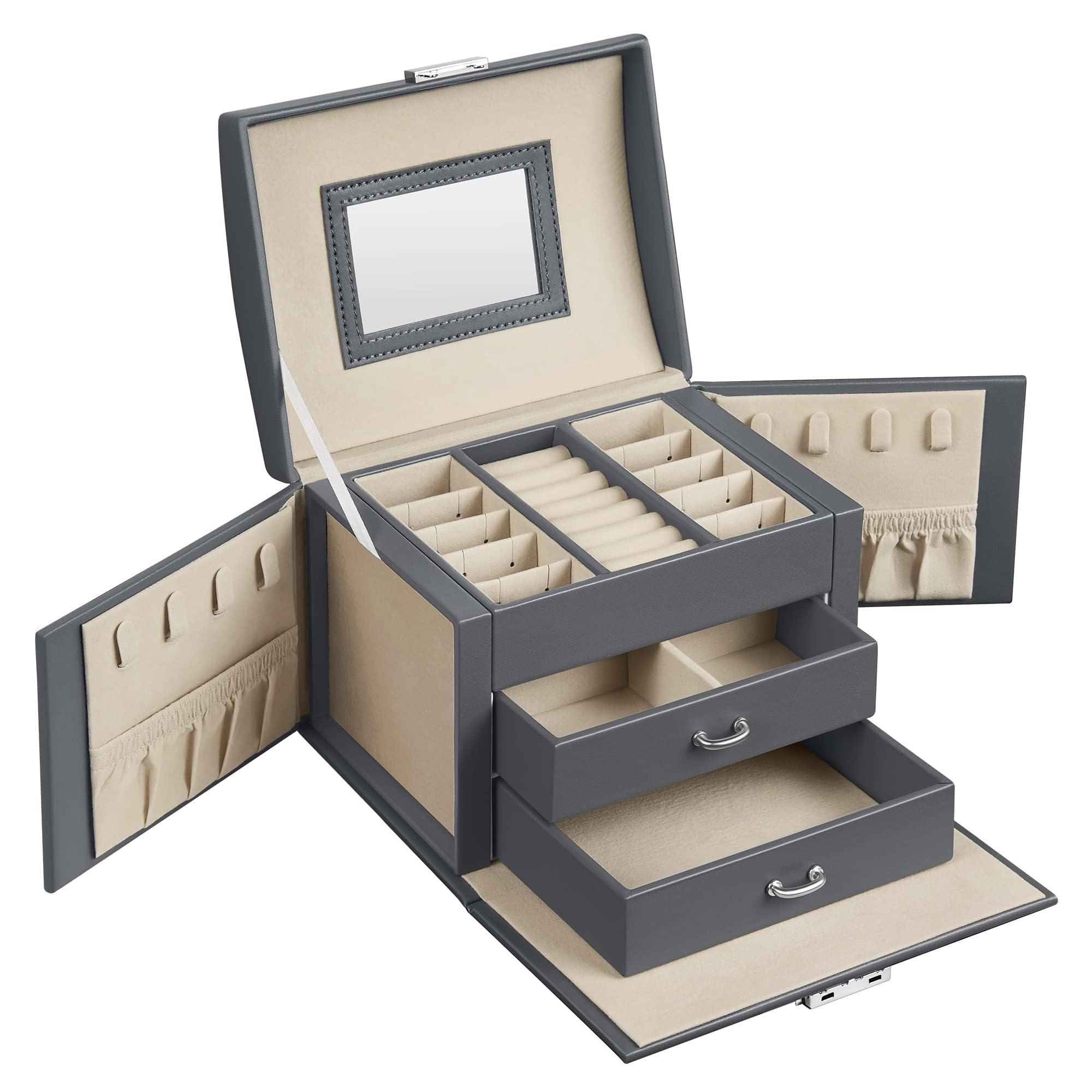 Songmics Slate Grey 3-Tier Jewellery Box, Lockable Jewellery Organiser With Handle, 2 Drawers, Travel Jewellery Case With Mirror, Jewellery Storage, Modern Style, Gift For Loved Ones, Jbc154g01
