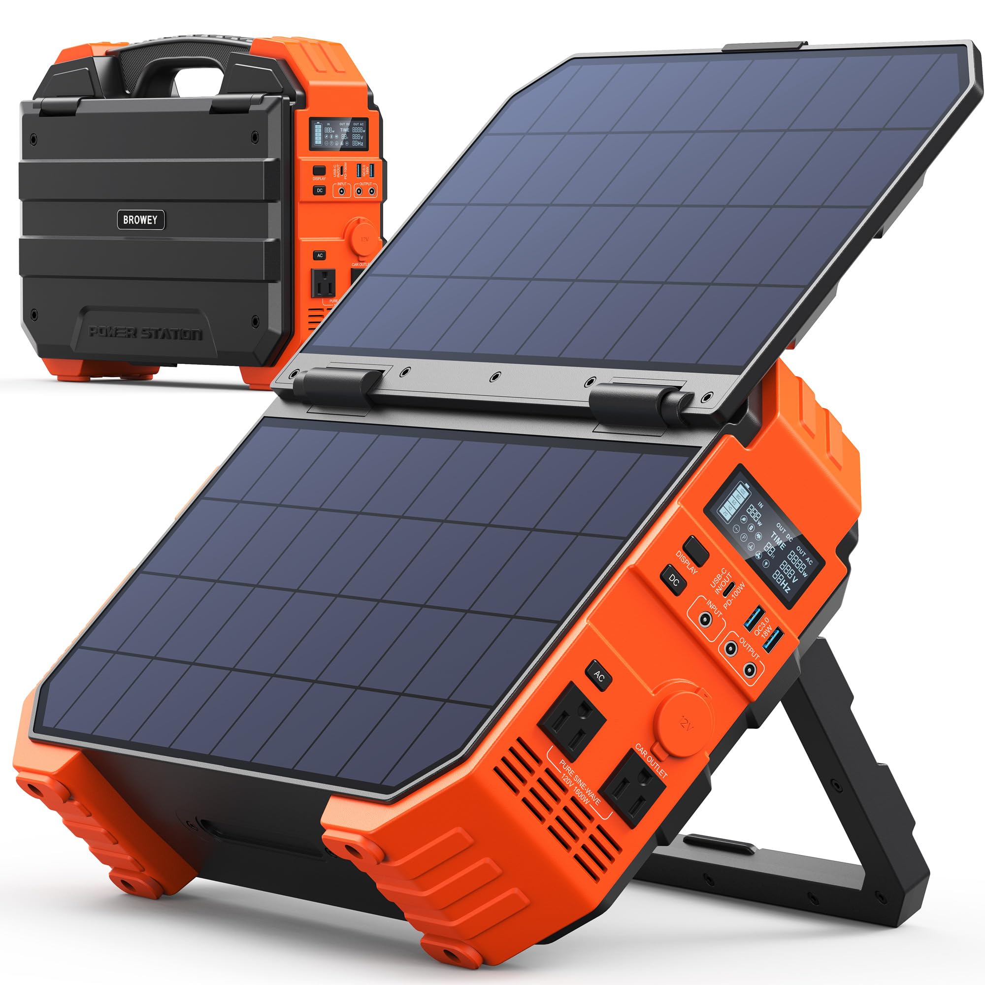 BROWEY 1600W (3200W Peak) Portable Power Station with Built-in Solar Panel