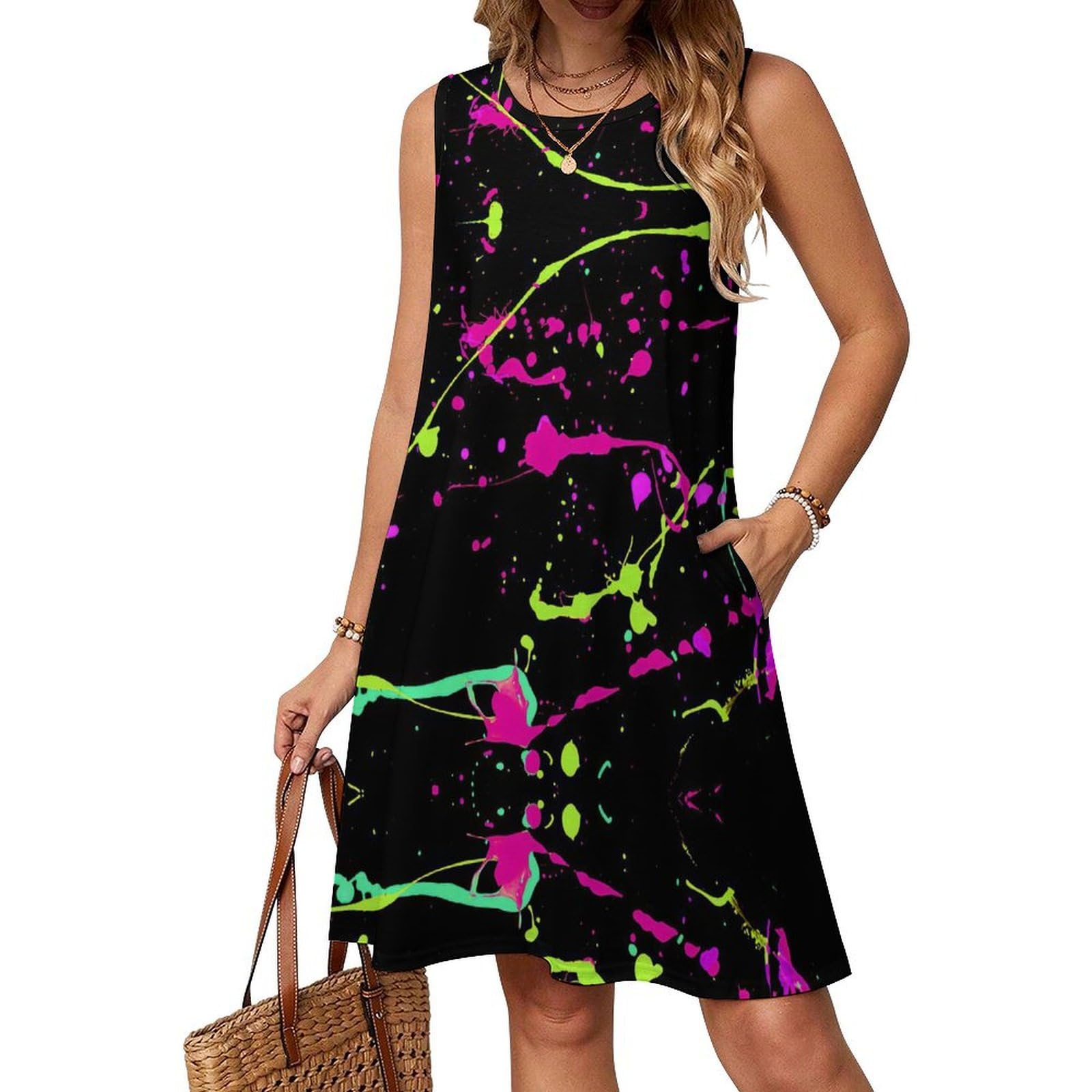 asbwuo Glow in Dark Splatter Neon Dress for Women Sleeveless Tshirt Party Beach Work Dresses