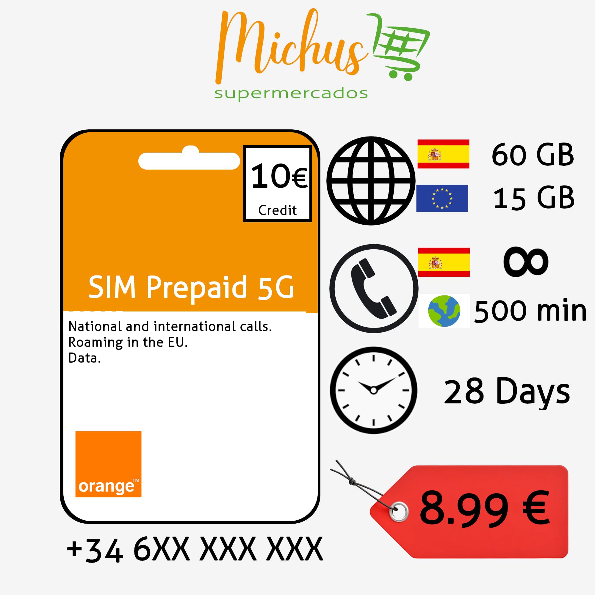 Scheda SIM prepagata Orange Spagna - 60 GB + chiamate illimitate + 15 GB Roaming UE