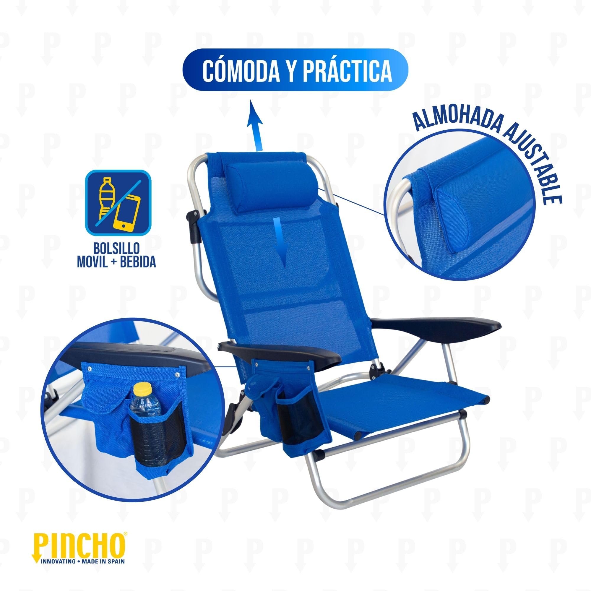Pincho Silla de Playa Reclinable Aluminio 4 Posiciones Plegable Ligera Resistente 110kg textilene Transpirable con Reposacabezas y Bolsillos Azul Turquesa y Marino (2, Azul Marino)