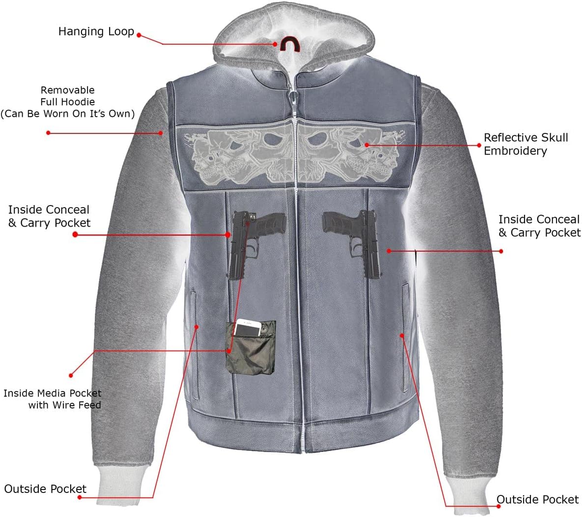 Milwaukee Leather MLM3563 Men's Leather Vest w/Removeable Hoodie - Black 2 in 1 Reflective Skulls Motorcycle Vest - Large - Image 3