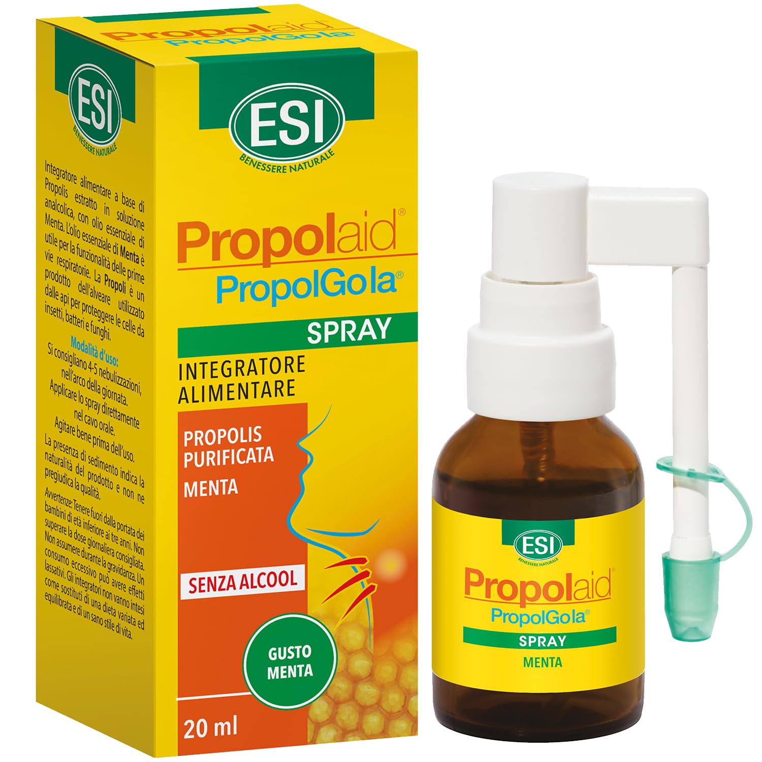 ESI - Propolaid Spray Gola alla Menta, Integratore Alimentare con Propolis, Favorisce il Benessere del Cavo Orale e delle Vie Respiratorie, Senza Glutine, Alcool e Vegetariano, 20 ml