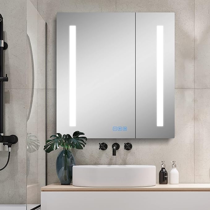 Fundin Bathroom LED Mirrored Medicine Cabinet with Demister, Dimmer, Outlet, and USB Charger, Flush or Surface Mount, Aluminum, 24W x 25.6H Inches