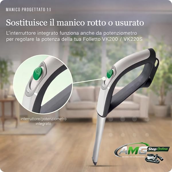 Manico Folletto VK200/220S -COMPATIBILE- Con Interruttore Integrato, per Scopa Elettrica VK200-220s, PENULTIMO MODELLO, Manico Folletto Ergonomico Con Manico Antiscivolo - 4