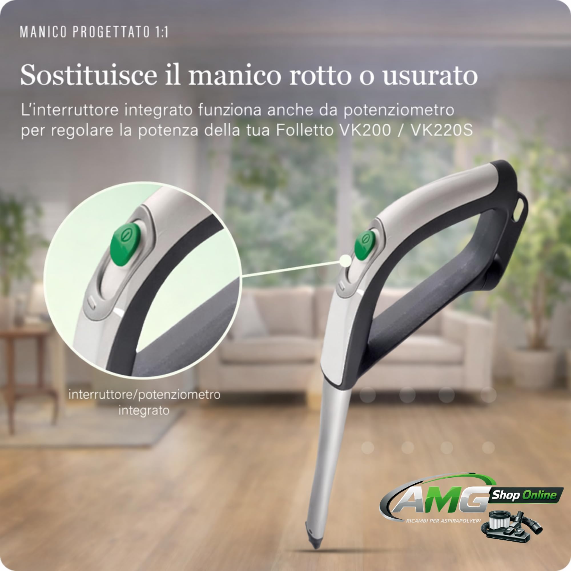 Manico Folletto VK200/220S -COMPATIBILE- Con Interruttore Integrato, per Scopa Elettrica VK200-220s, PENULTIMO MODELLO, Manico Folletto Ergonomico Con Manico Antiscivolo - 4