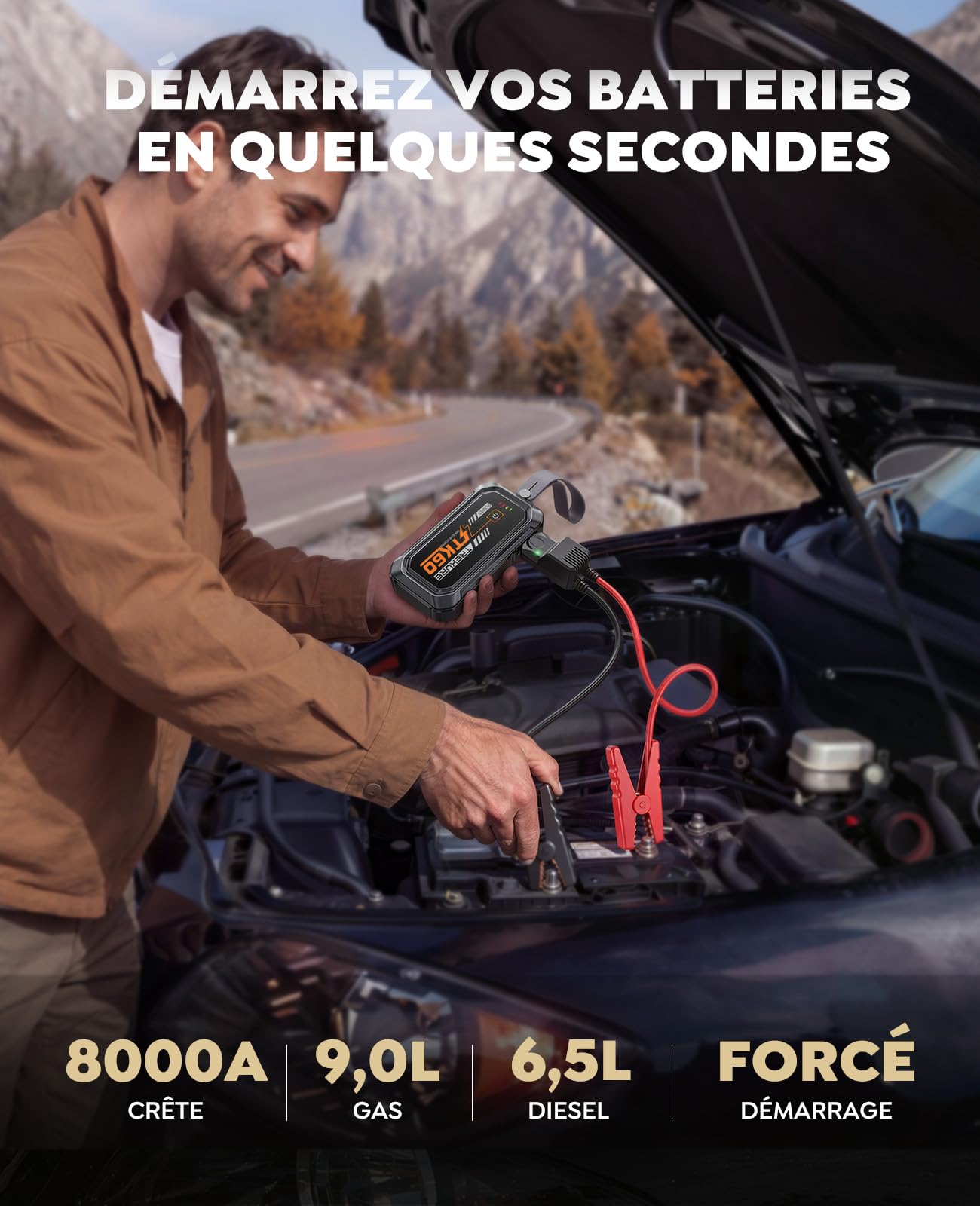 Booster Batterie Voiture 8000A, Démarreur 12V Essence 9,0L Diesel 6,5L | Démarrage Forcé Portable, Lampe LED 2000 Lumens, Base Magnétique, Batterie Externe, Poignée, pour Voyage, Camping, Urgence