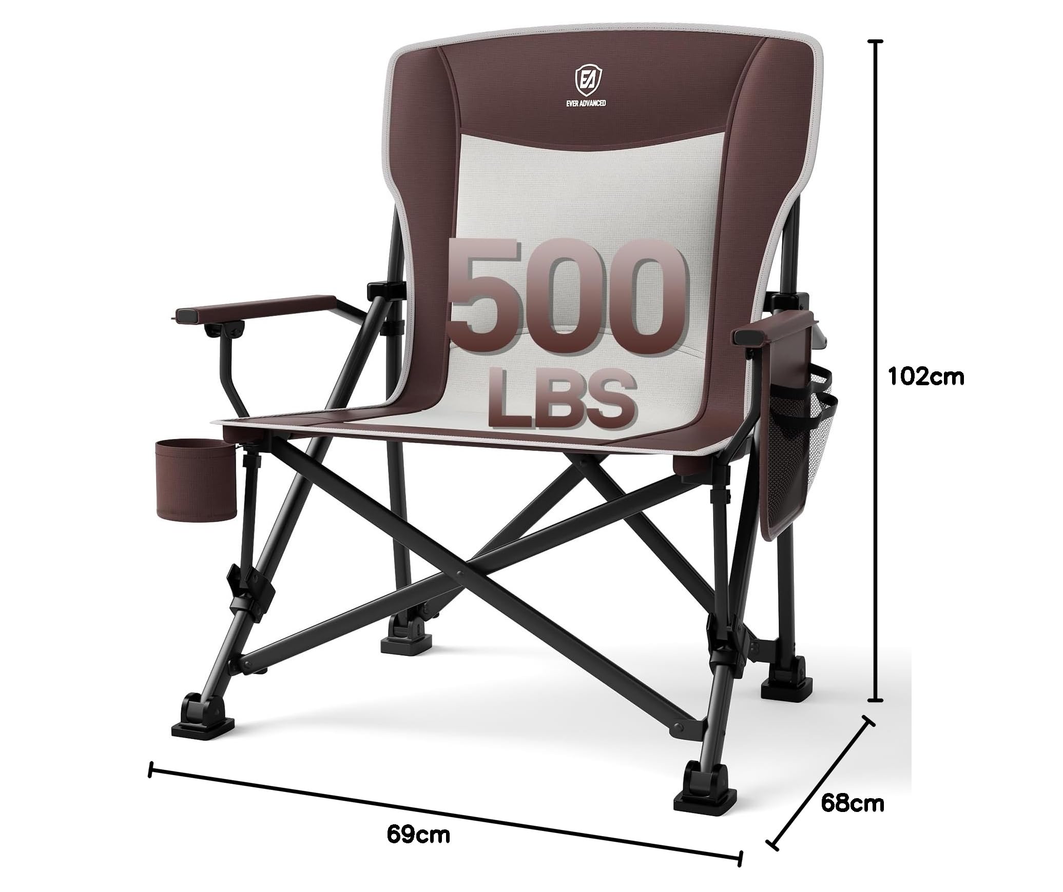 EVER ADVANCED Krzesło kempingowe, składane, obciążenie 230 kg, rozmiar XL, szerokość siedziska 62 cm, z kieszenią boczną, uchwytem na napoje, bardzo duże, składane krzesło wędkarskie, na kemping, na