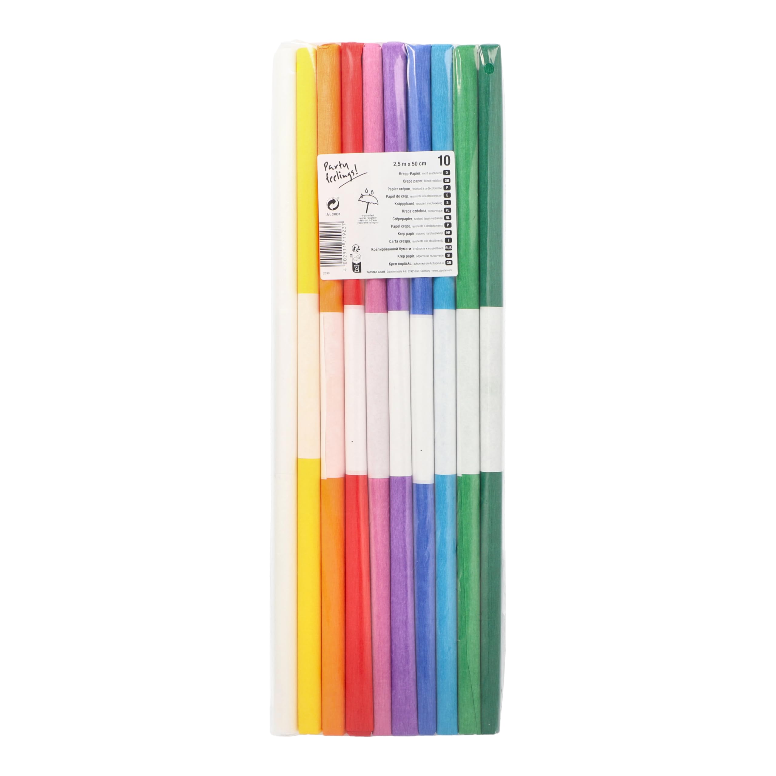 PAPSTAR, 10 feuilles de papier crépon de 2,5 m x 50 cm, couleurs assorties, imperméables