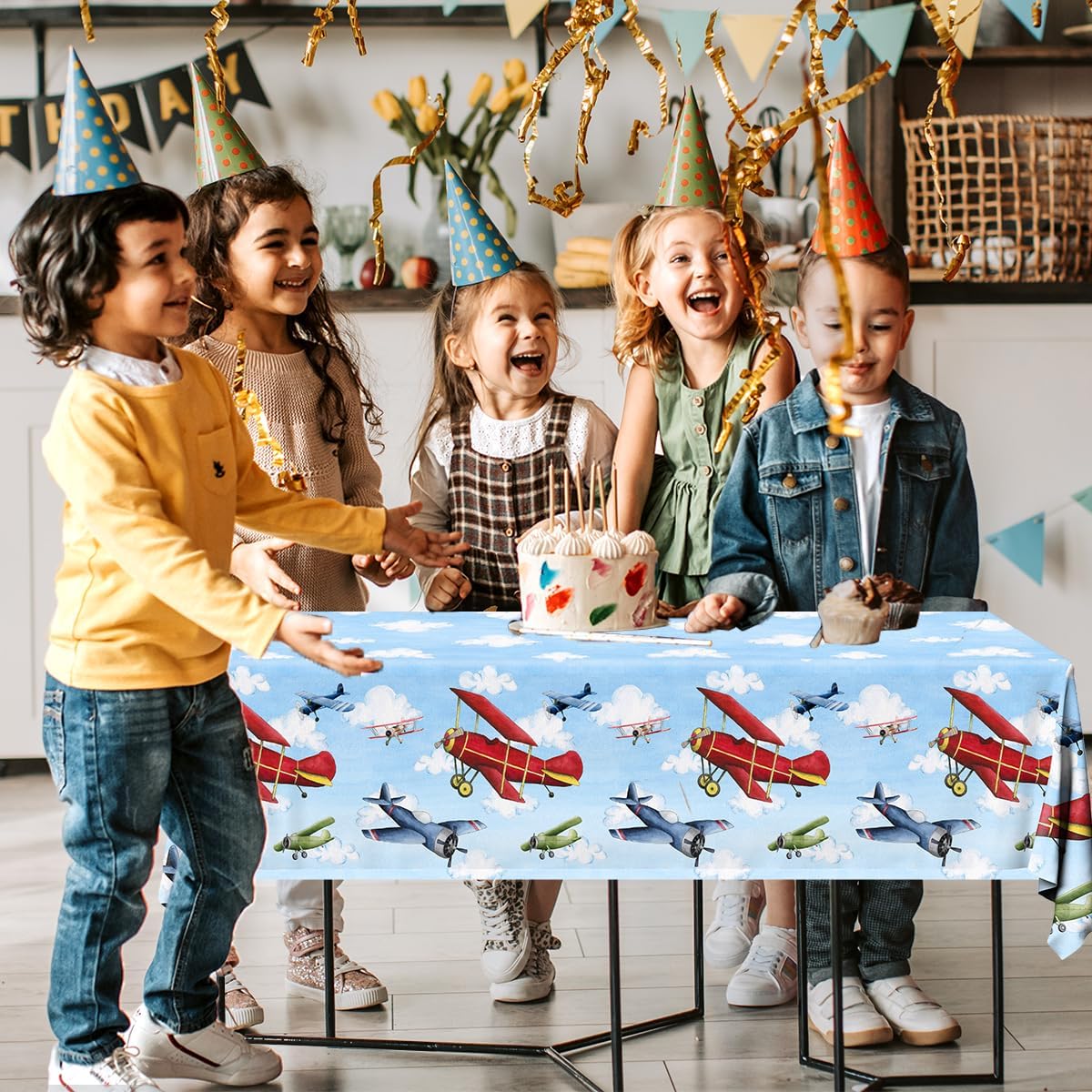 GREHUMOR 3pcs Airplane Party Decorations Airplane Party Tablecloth Supplies Disposable Plastic Helicopter Blue Sky White Theme Table Cover for Kids Birthday Favors - Image 5
