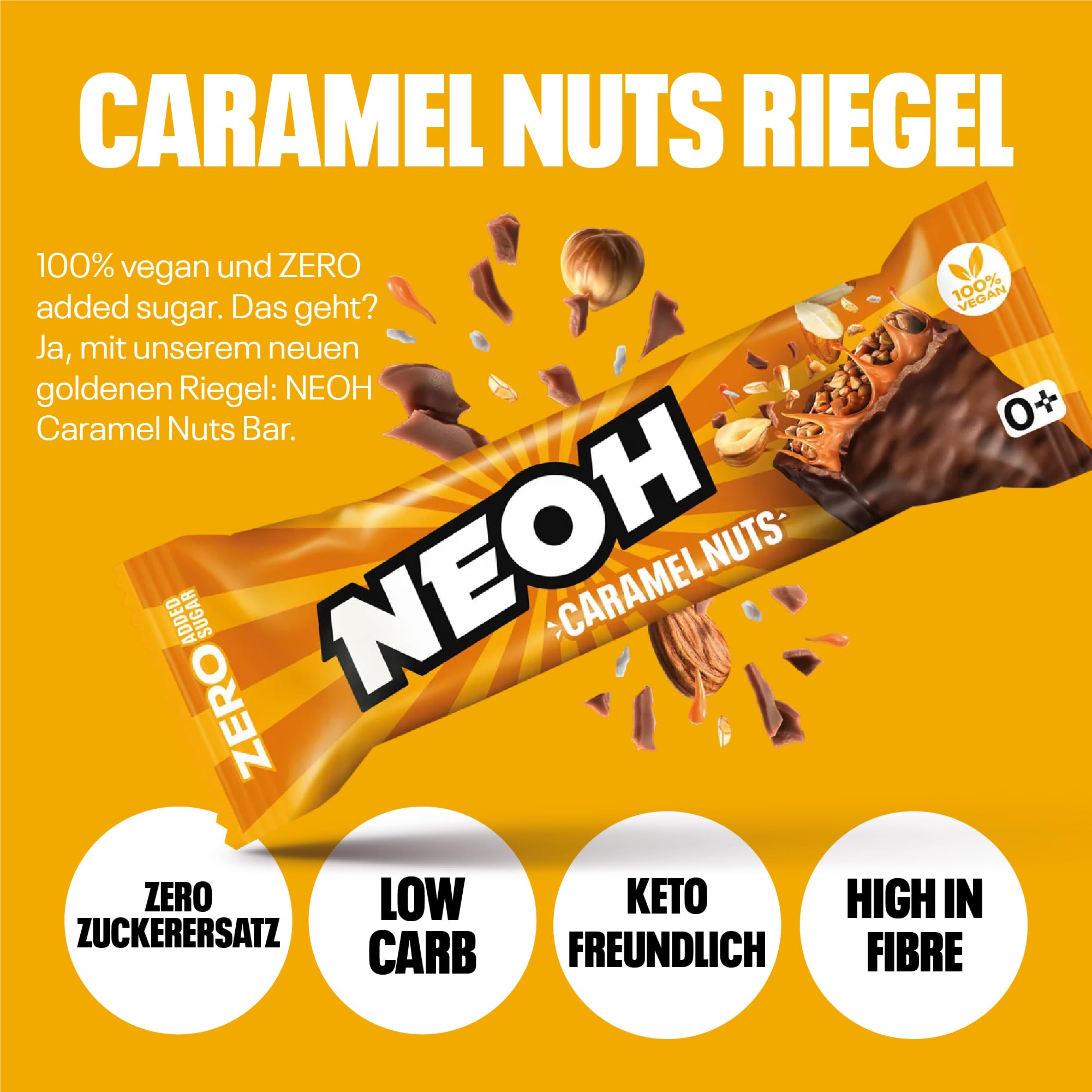 NEOH Low-Carb, veganer Karamell-Erdnussriegel – Ohne zugesetzten Zucker, Voll nussiger Erdnüsse und verführerisch gutem Karamell, 24x28g Packung