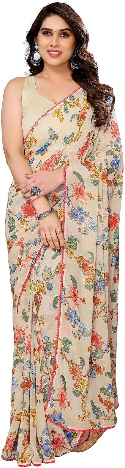 RAJESHWAR FASHION WITH RF Women's Printed Georgette Sarees For Ladies & College Girls Farewell With Lace Border & Blouse