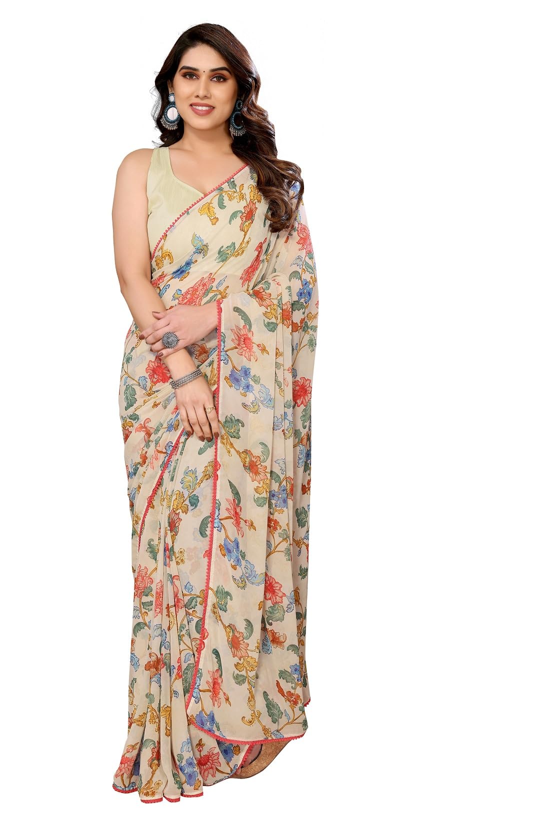 RAJESHWAR FASHION WITH RF Women's Printed Georgette Sarees For Ladies & College Girls Farewell With Lace Border & Blouse