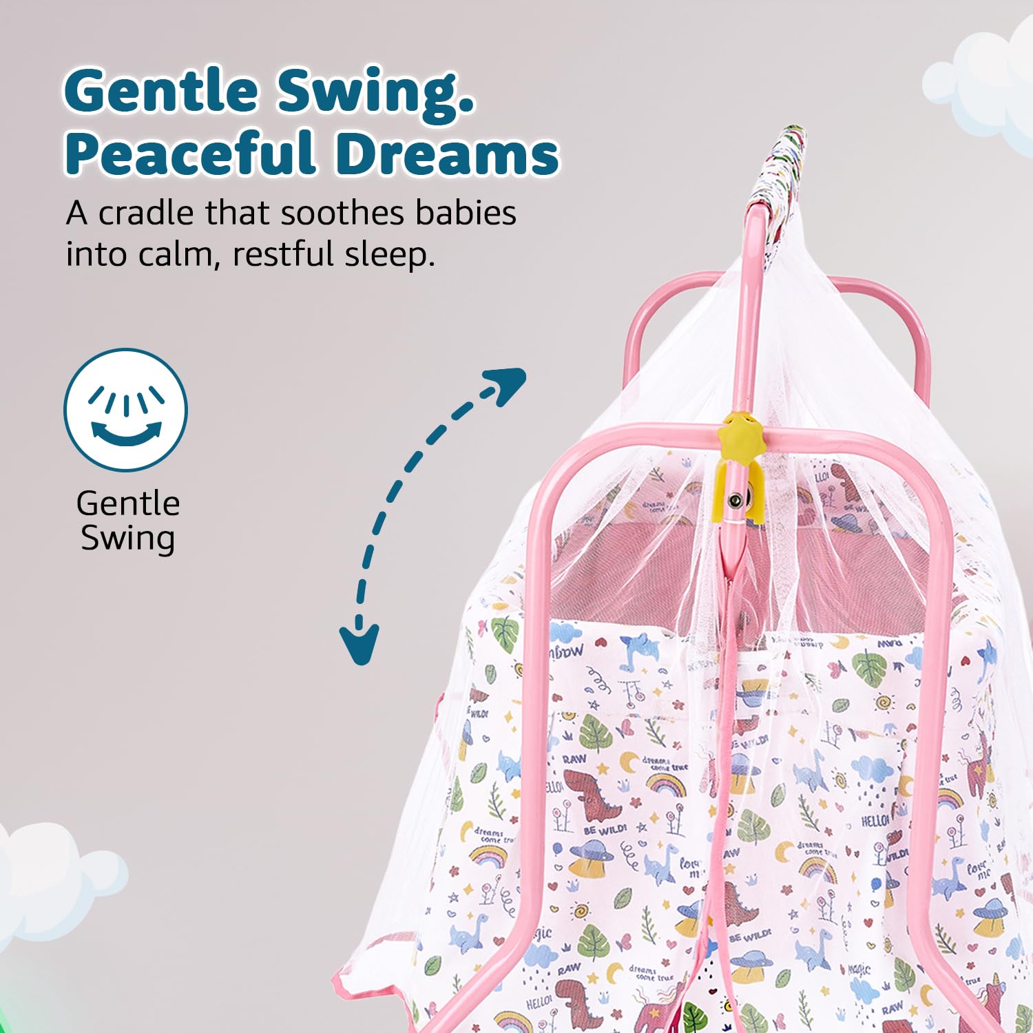 Amazon Brand - Supples Baby Cradle with Swing & Mosquito Net | 0–8 Months | Swing Lock | 4 Wheels with Brake | Soft & Comfortable for Baby Sleep | Sturdy Mild Steel Frame | Pink