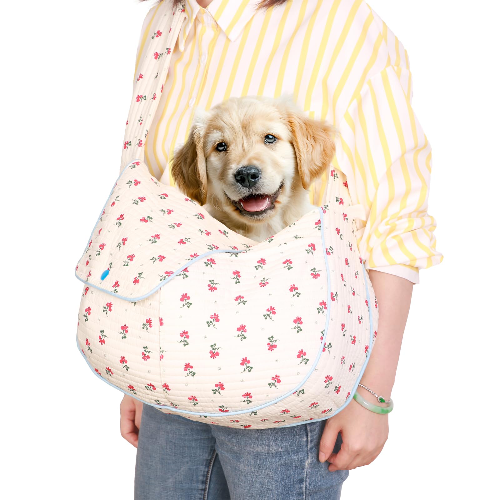 Transportín de algodón para mascotas para perros y gatos, bolso de mano con estampado floral (blanco, pequeño)