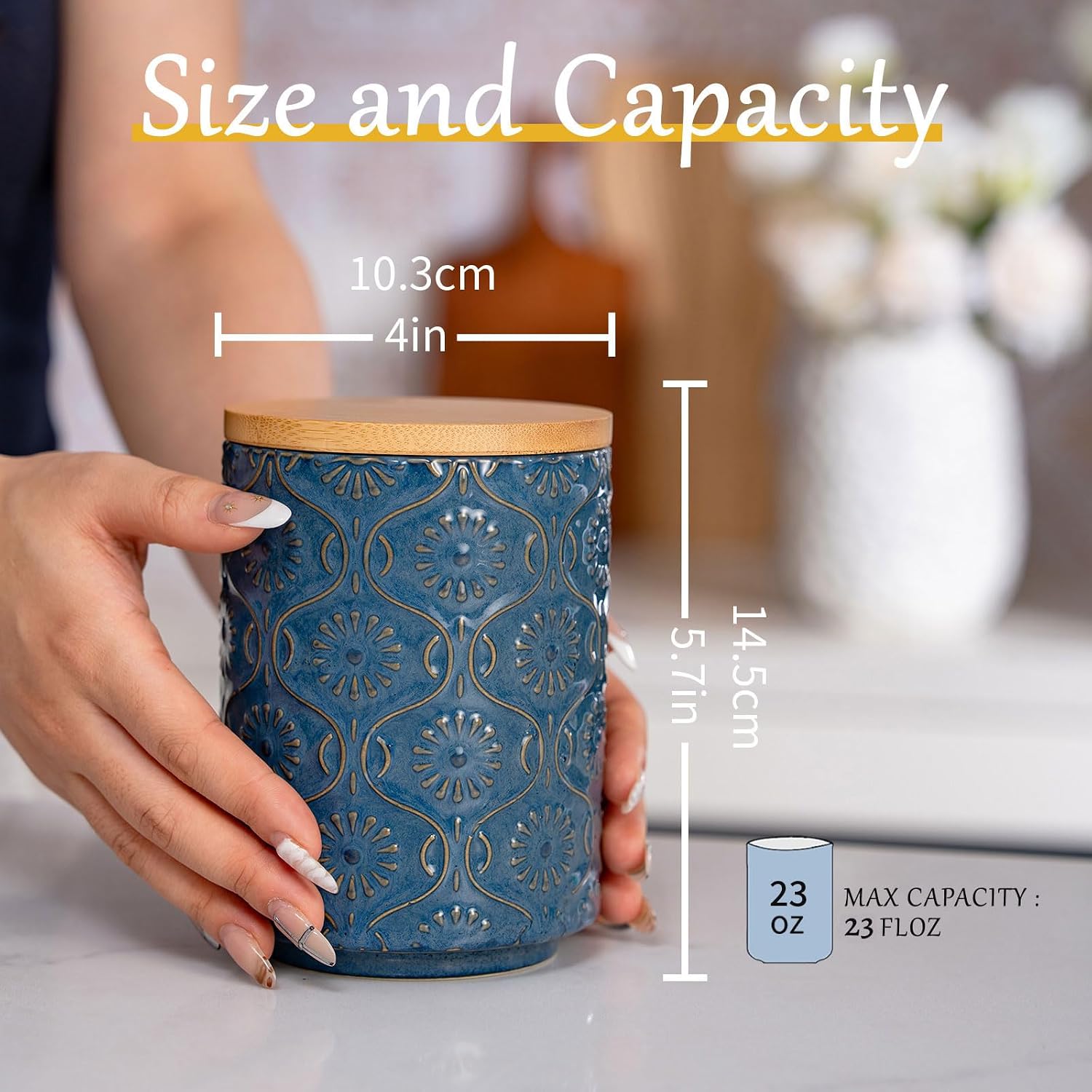 TEATALK Embossed Ceramic Canister, Stylish Airtight Storage for Kitchen, Coffee, Tea, Sugar, 23 Fl Oz, Darkblue image 2