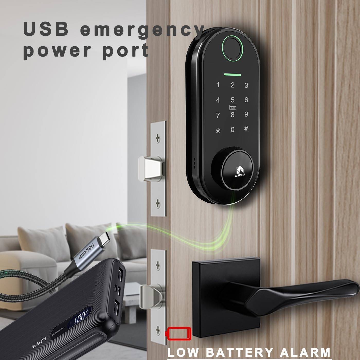 A hand holding an IC card near the smart lock's keypad, indicating card unlock functionality.