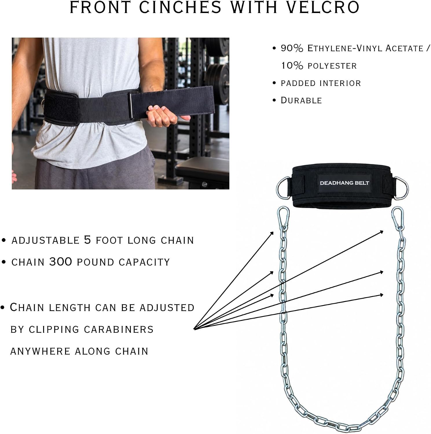 Rear Hanging Dip Belt for Deadhangs, Dips, Pull Ups - Deadhang Belt - weights hang off backside to align with back for more ideal stretch of back - 300 pound capacity steel chain