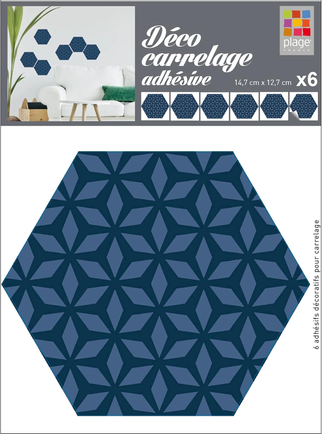6 Tiles Stickers 15 x 15 cm-Hexagon-Montaperti, Blue