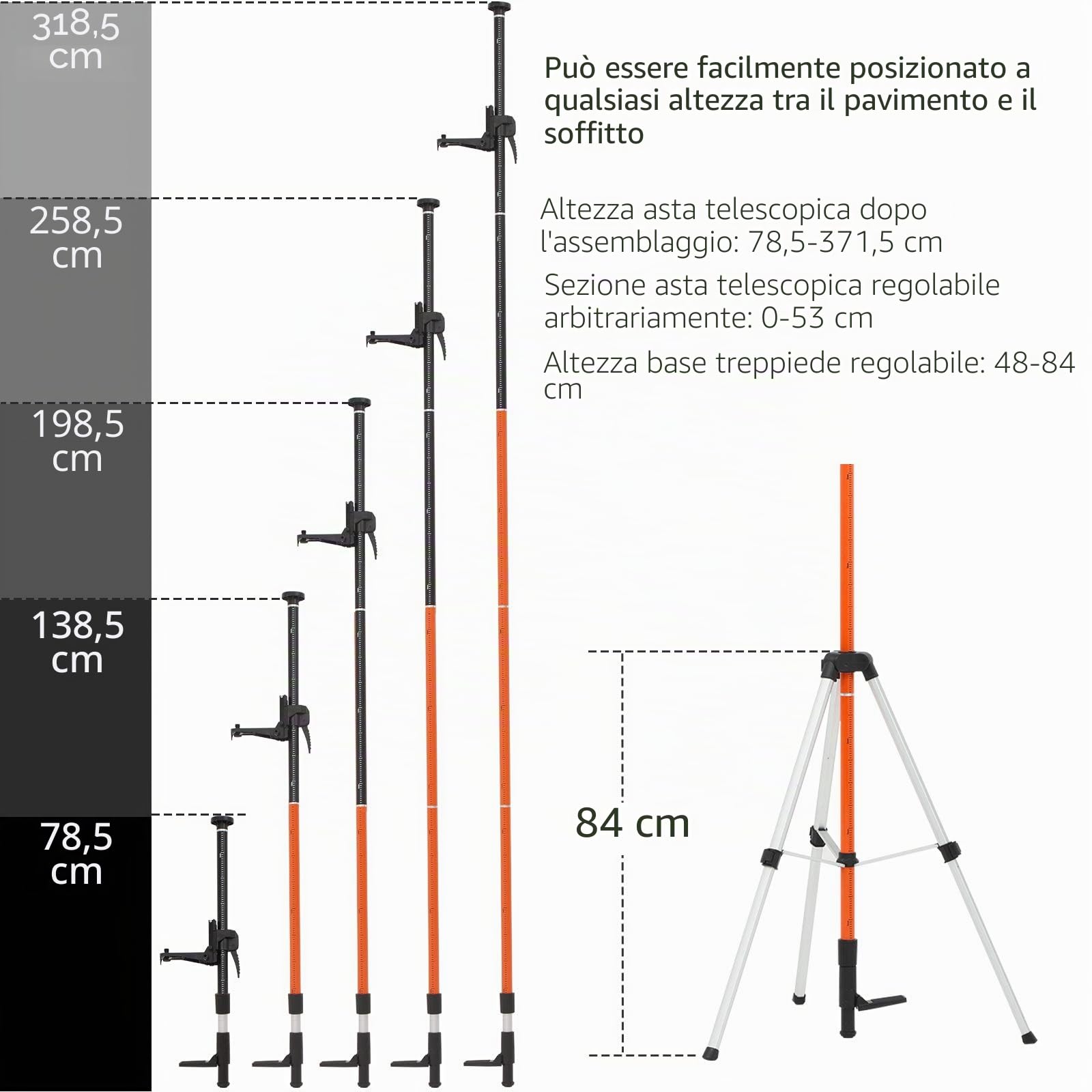 Asta telescopica per livelle laser, 3,7m/12ft Palo Telescopico con Treppiede, Supporto a Livello per Laser Rotante e Livella Laser, Con adattatori per filettatura da 1/4"-20 e 5/8"-11