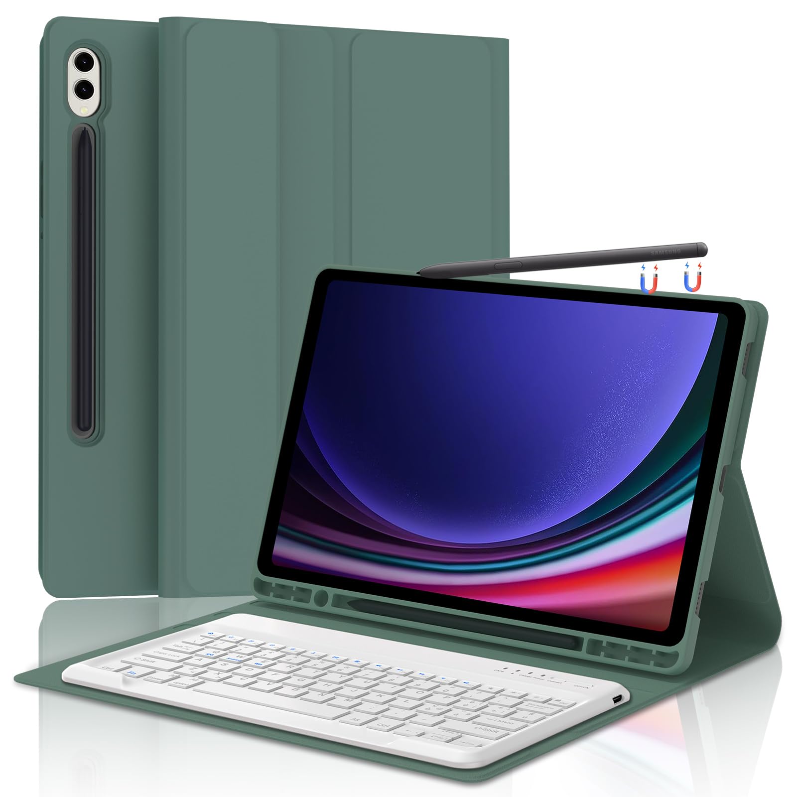 Per Samsung Galaxy Tab S9+ 2023/S10+ 2024 12.4 Pollici Cover Tastiera | Tastiera Bluetooth Rimovibile e Custodia Morbida TPU per Ufficio/Studio/Scrittura, Tastiera Wireless Portatile, Verde scuro