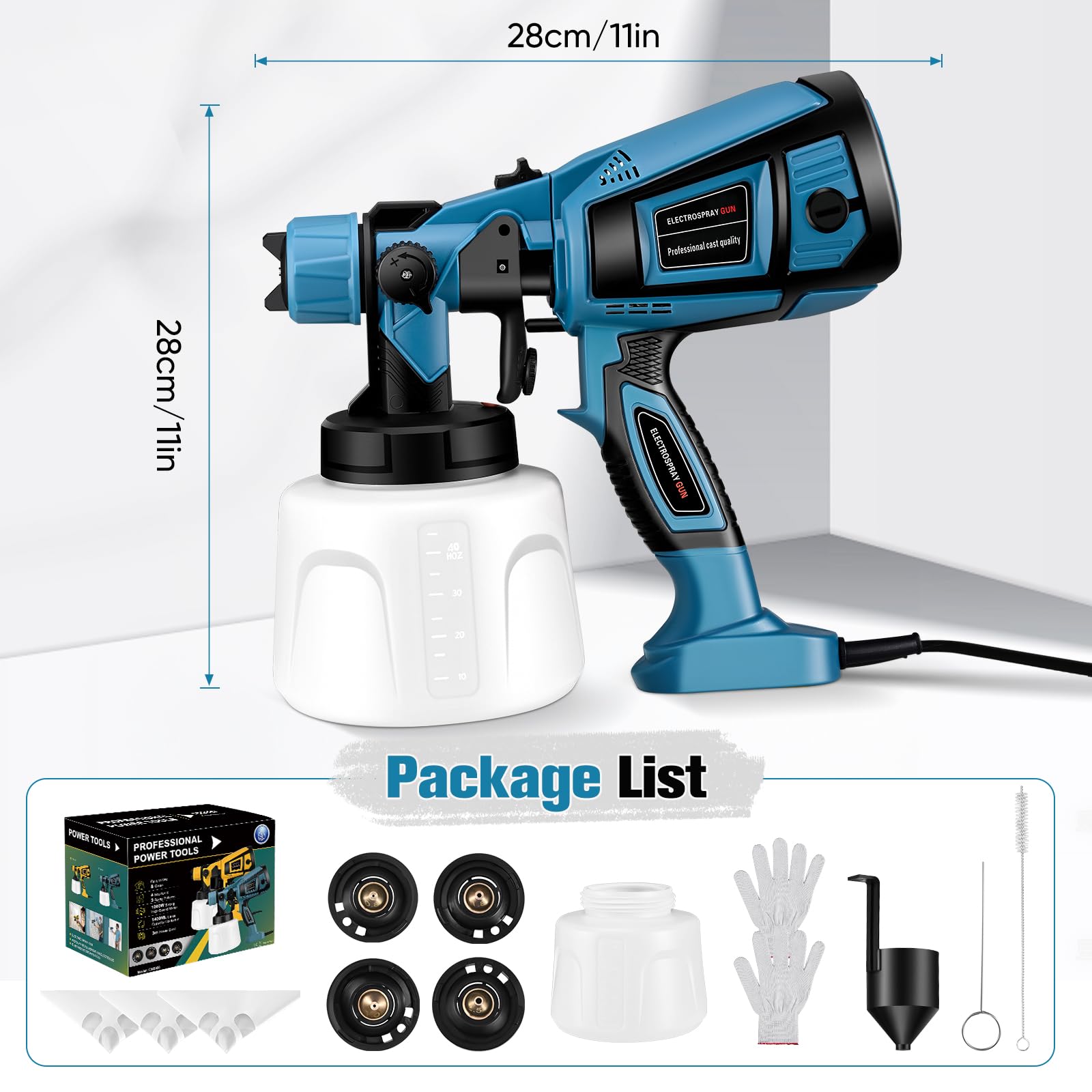 Farbsprühsystem,800W HVLP Elektrisches Farbsprühpistole mit 4 Düsen und 3 Sprühmuster,1400ml Farbfluss Lackierpistole Elektrisch für Zäune, Schränke, Wände, Decken, Möbel(Blau)