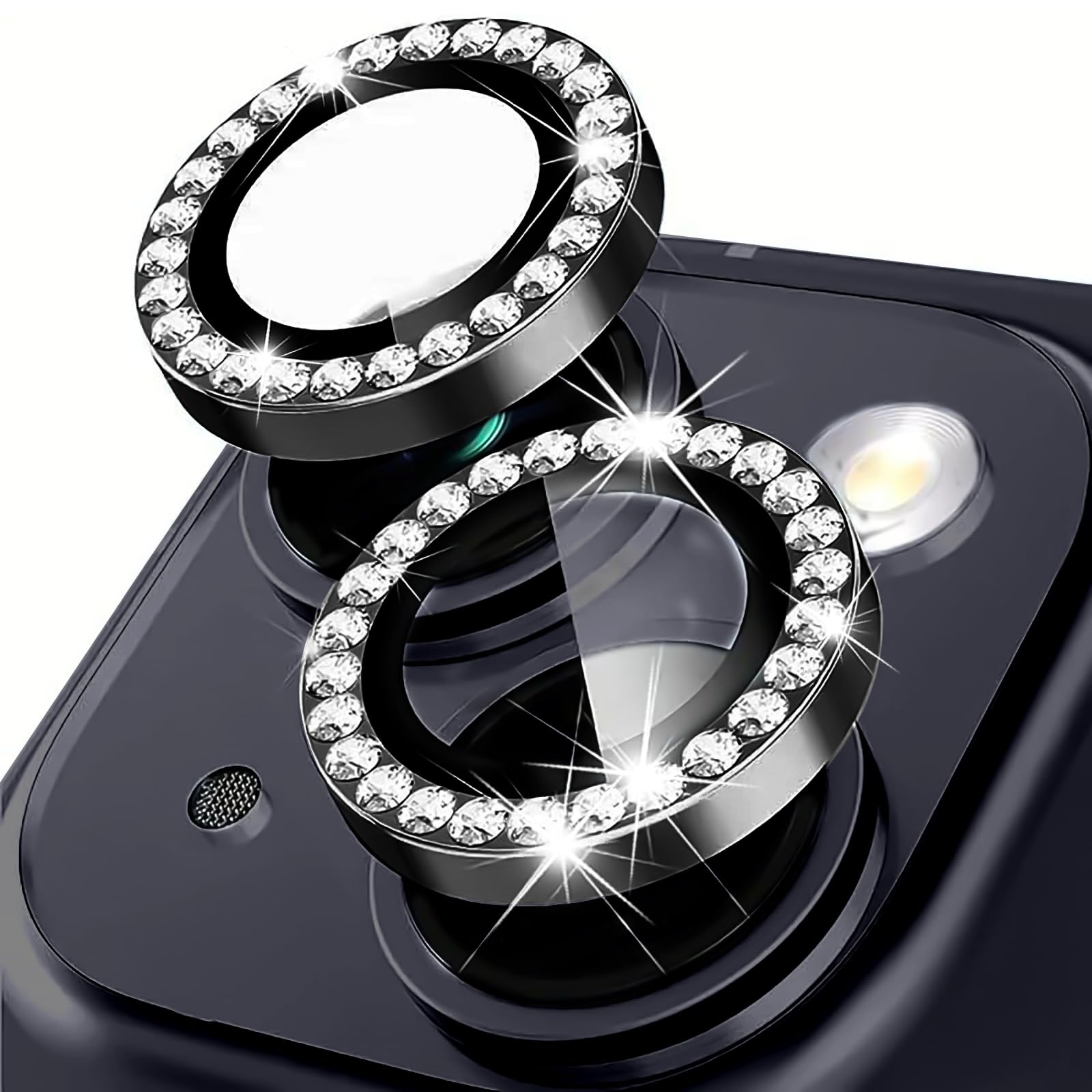 Coiwxmoi Protezione Fotocamera per iPhone 13/13 Mini,Pellicola Vetro Glitter Copri Telecamera Camera Proteggi Obiettivo HD Trasparente Lente Durezza 9H Anti-graffio Bling Diamond,Nero