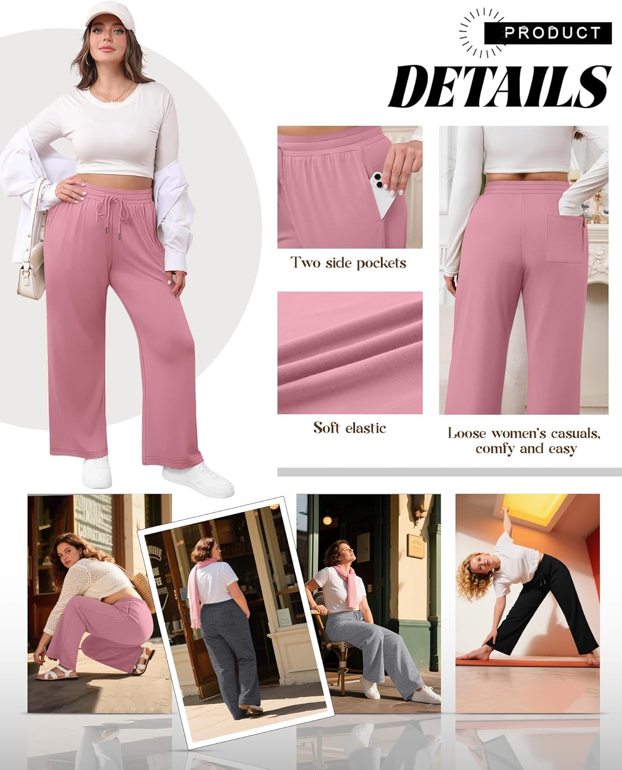 4 Pack Women's Plus Size Lounge Pants, Wide Leg Drawstring Yoga Pants Loose Casual Pajama Sweatpants with Pockets - Image 5