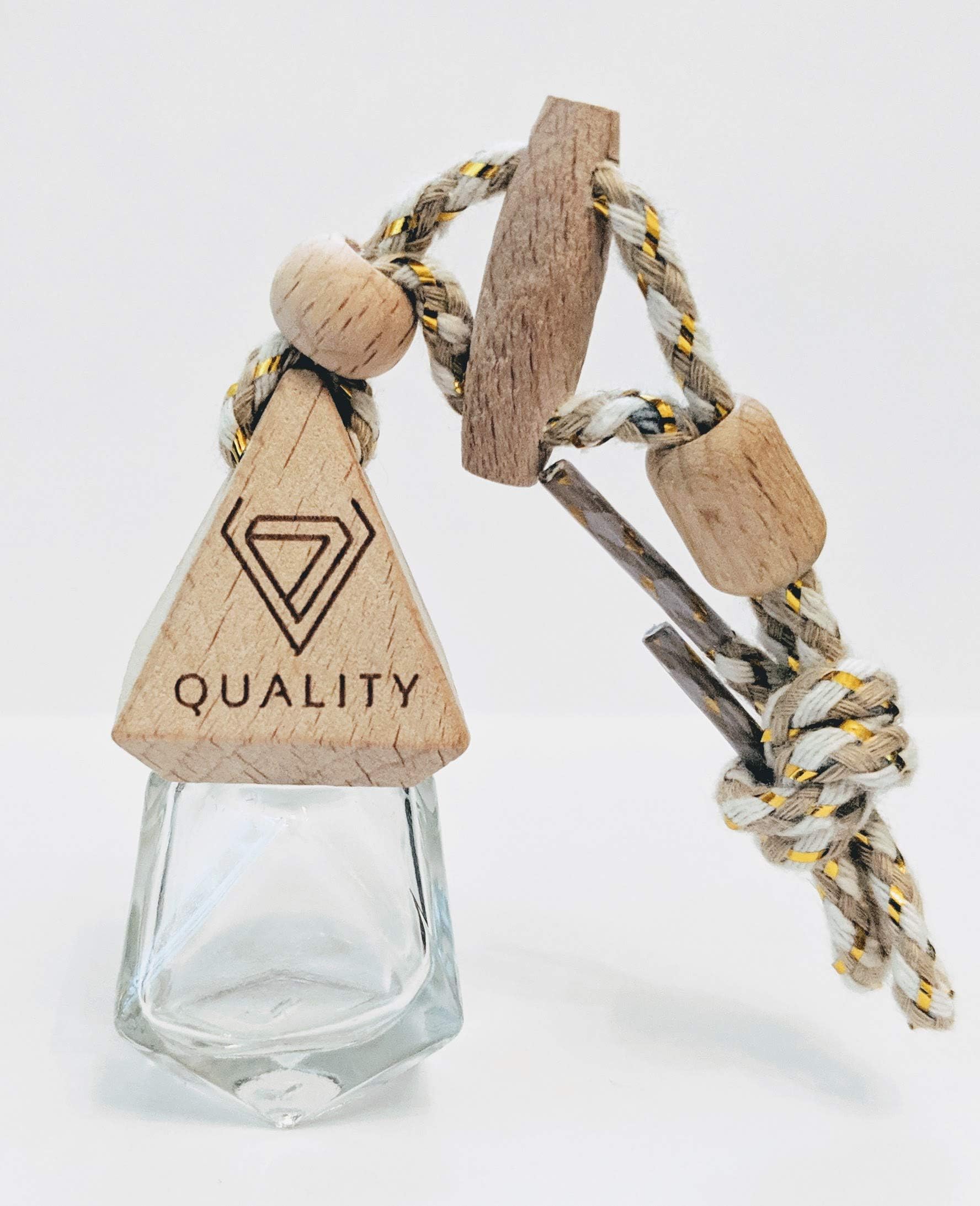 V-Quality Empty 7ml Refillable Car Aromatherapy Essential Oil Diffuser Freshener Decor Accessories - Clear Glass Bottle with Wooden Caps - Vent Clip - and Hanging String (Smart 2-in-1 Design)