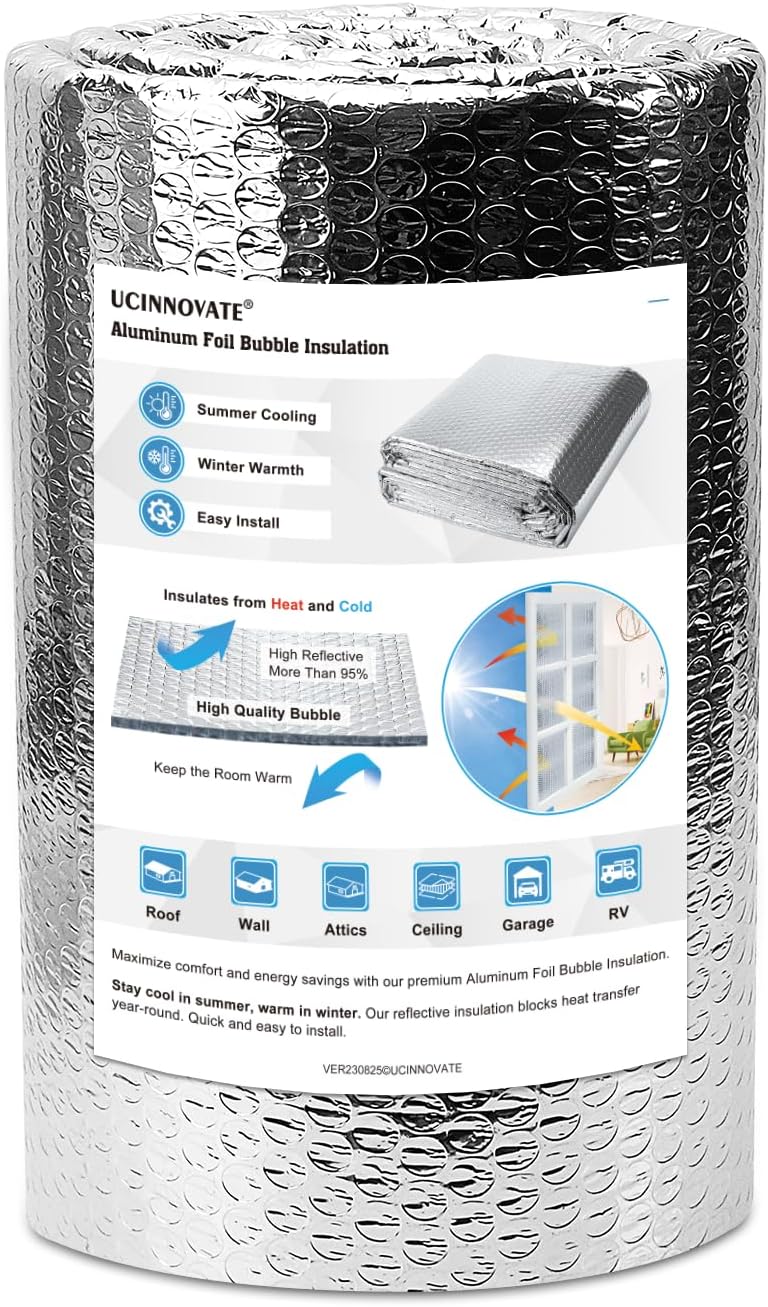 UCINNOVATE Bubble Reflective Insulation Roll, 12'' x 16.4ft Double Side Foil Thermal Insulation Sheet for Winter, Windows Aluminum Radiant Barrier for Summer Heat, Insulation Wrap for RV, Roof, Ducts