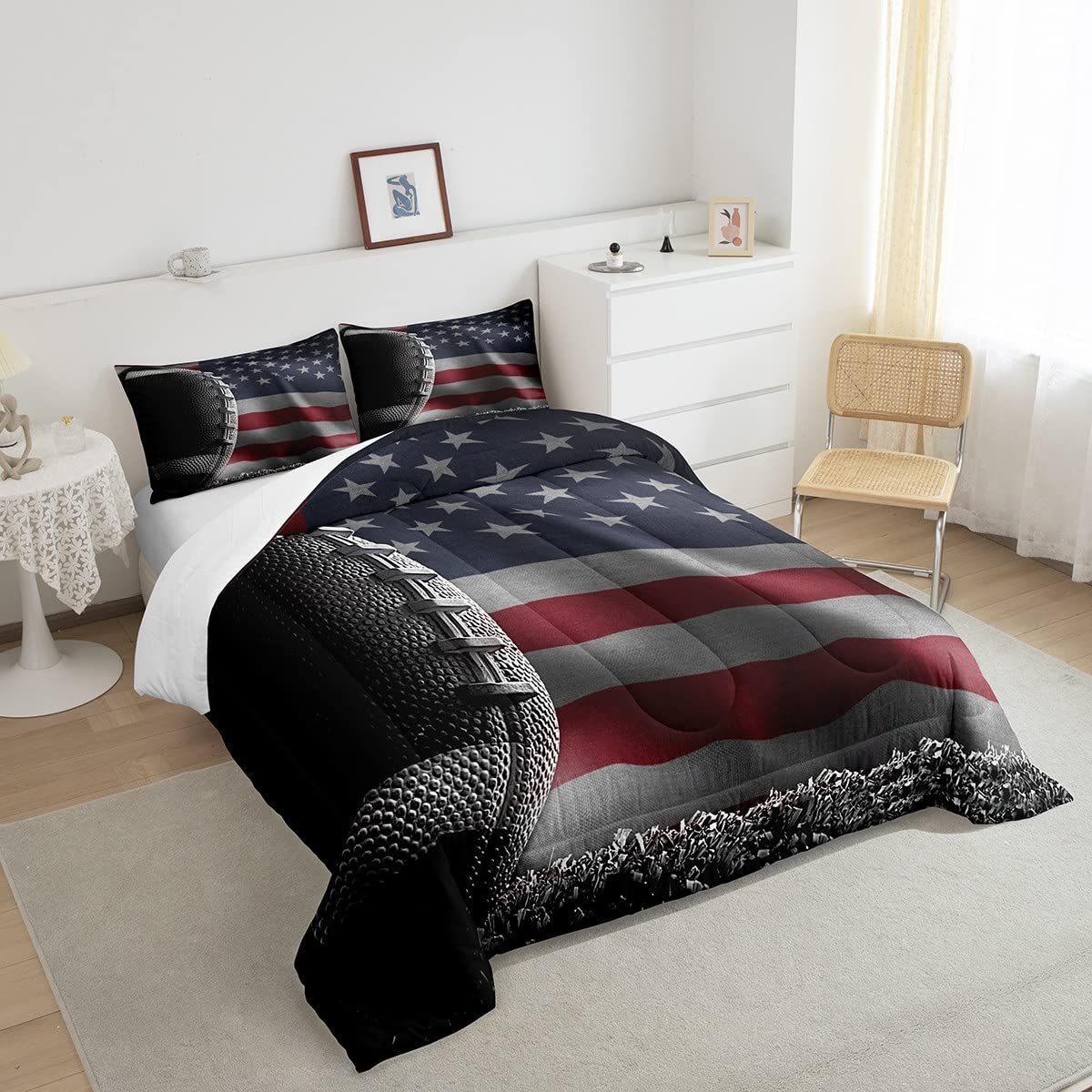 American Flag Print Comforter Set Twin Size,American Football Print Duvet Insert for Kid Teen Boys Girls Room Decor,3D Sports Game Quilted Duvet,American Culture Theme Quilt Cover with 1 Pillowcase