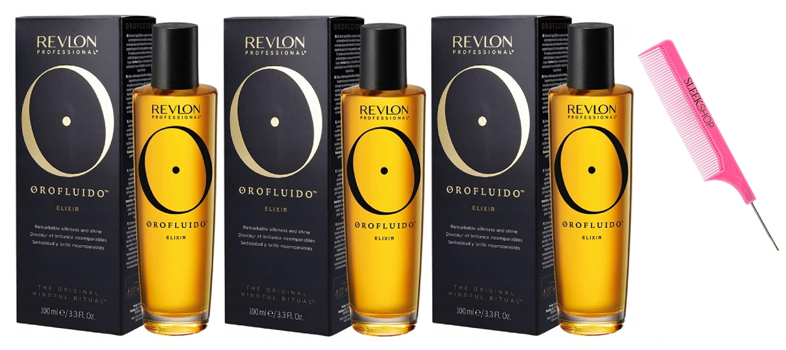 kussComb + OROFLUlDO Elixir Hair Oil, The ORIGINAL Mindful Ritual by RevIon, OrofIuido Shine Silkiness Hair Serum (w/Argan-Oil Infused PINK Comb) (3.38 oz / 100 ml (PACK OF 3))