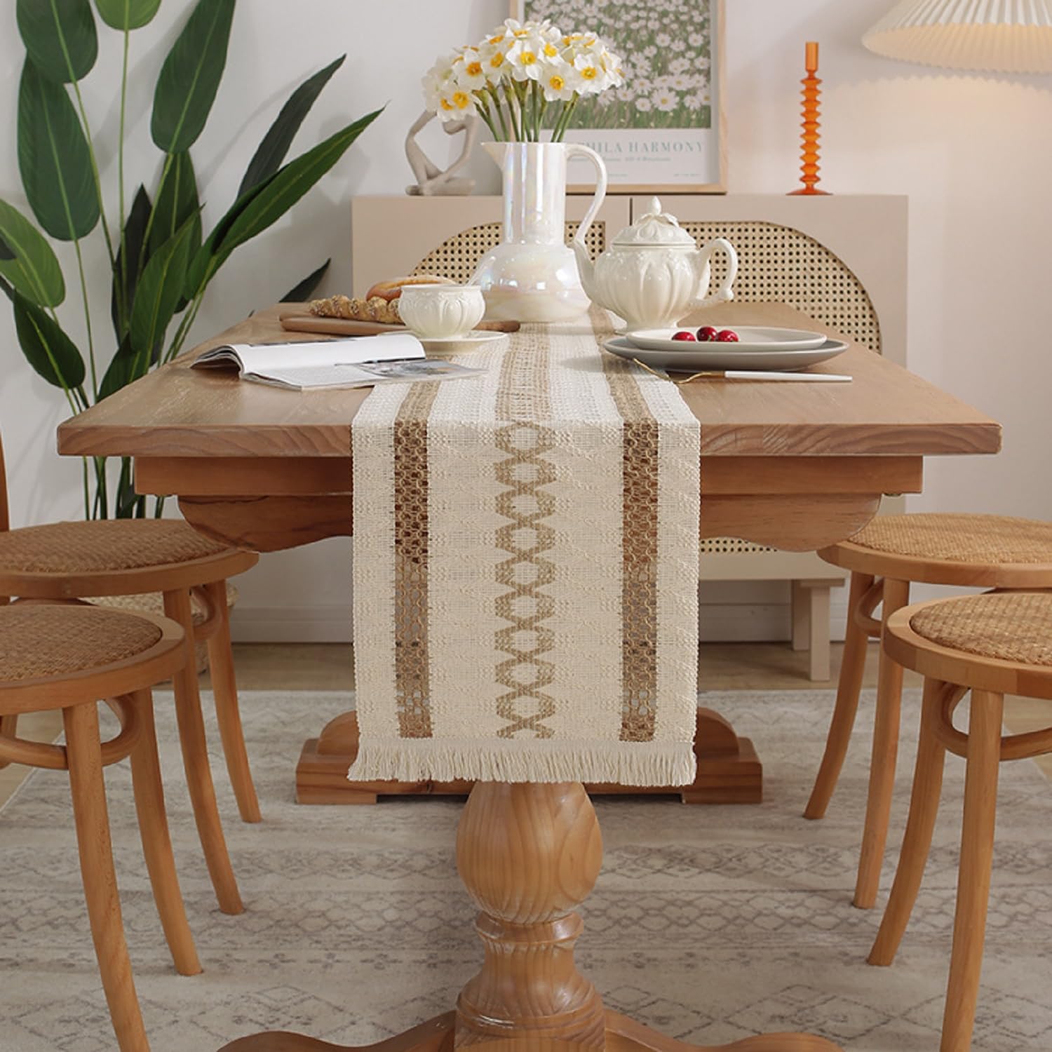 WOMDEE Table Runner 30cm x180cm Farmhouse Style, Womdee Cotton Linen Boho Table Runner with Handmade Tassels for Bohemian Rustic Wedding Bridal Shower Home Dining Table Decor Beige (WD-4626-TBR65)