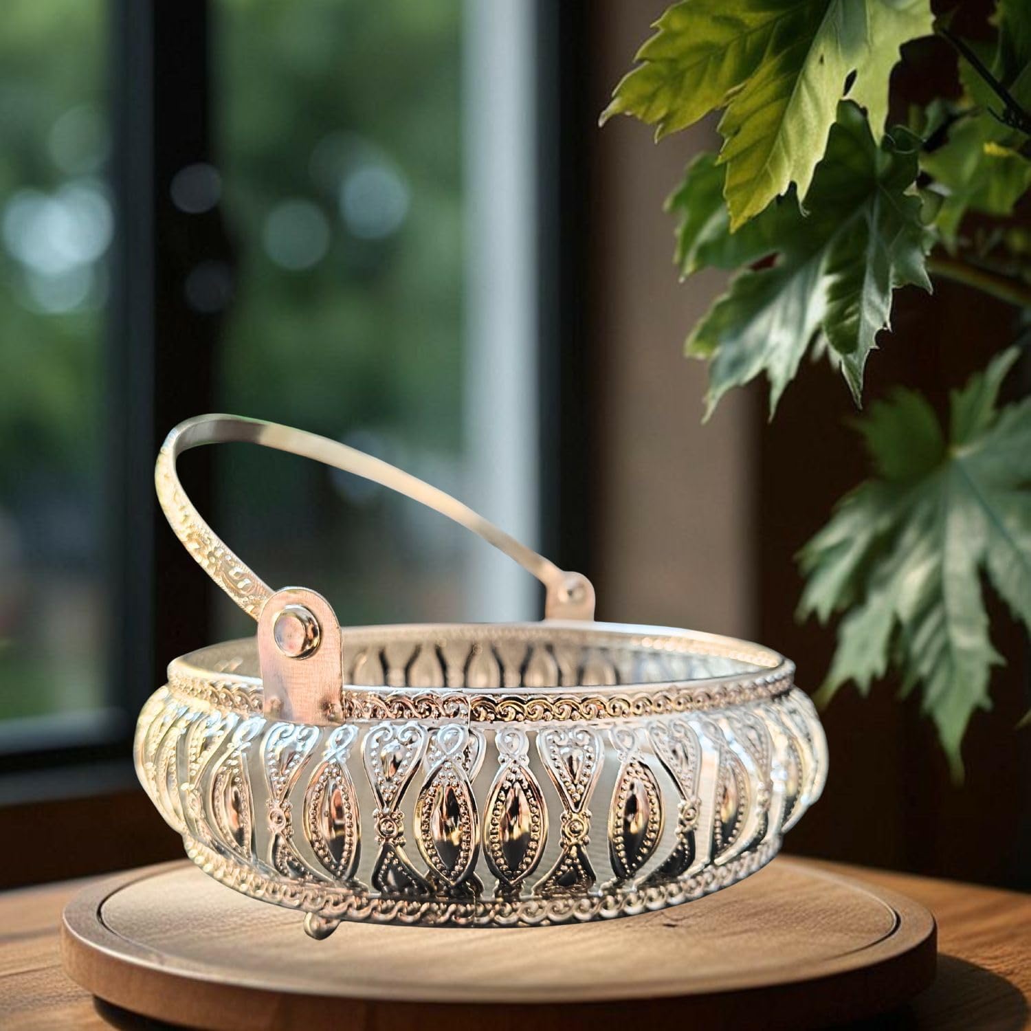 German Silver Decorative Fruit Basket with Handle | Premium Metal Serving & Pooja Basket for Home Décor