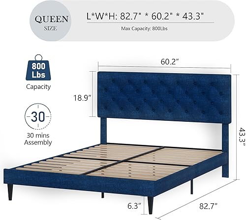 Miniatura 9 de Base de cama de tamaño matrimonial con cabecero, cama de plataforma tapizada con cabecera capitonada con botones ajustables, marco de cama de tela