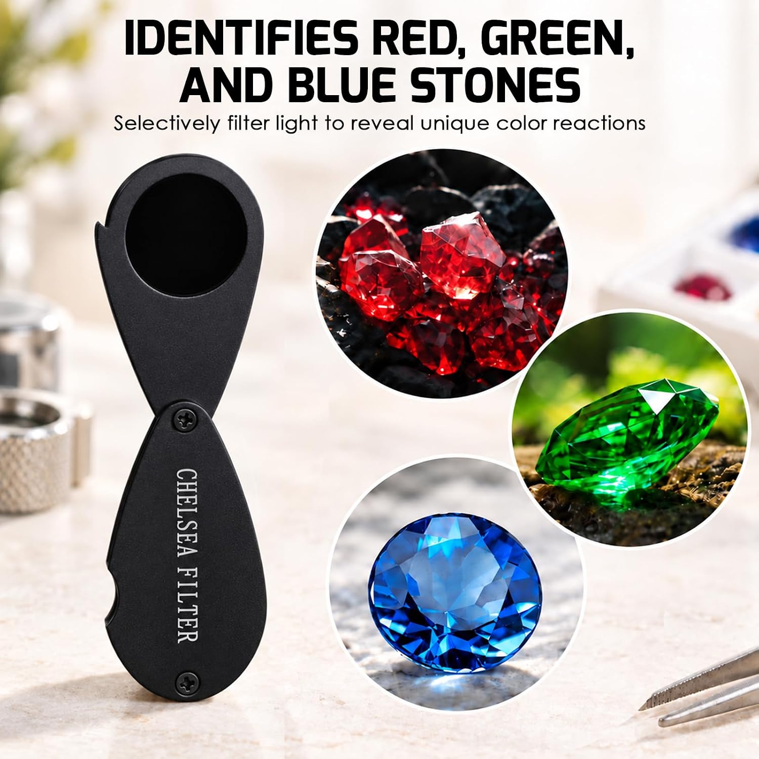 Chelsea Filter, Gemstone Tool for Jewelry Buyers & Sellers – Gemstone Identification Test, Ruby, Aquamarine & Green Jadeite – Portable Gemologists Loupe (Black)