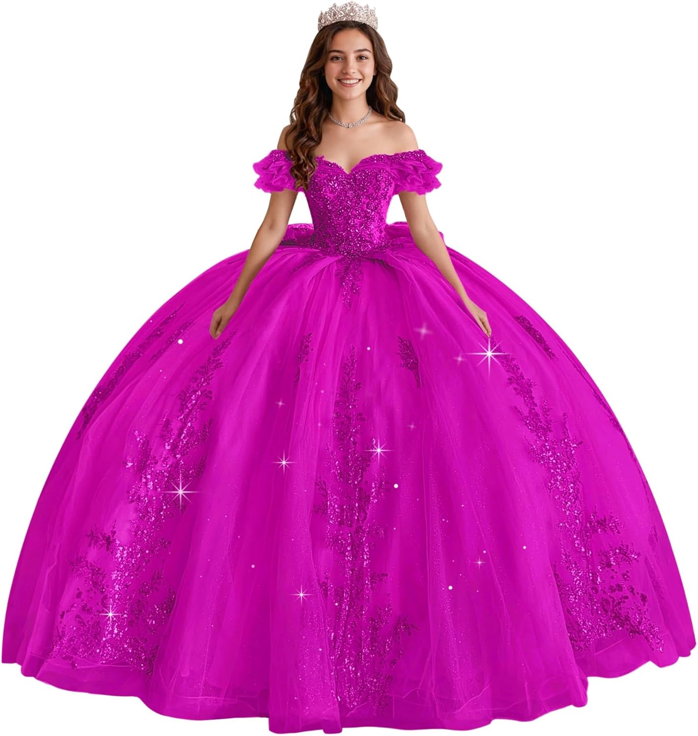 Crystal Off Shoulder Quinceanera Dresses Sequin Appliques Sweet 16 Dress with Bow Tulle XV Dress with Train