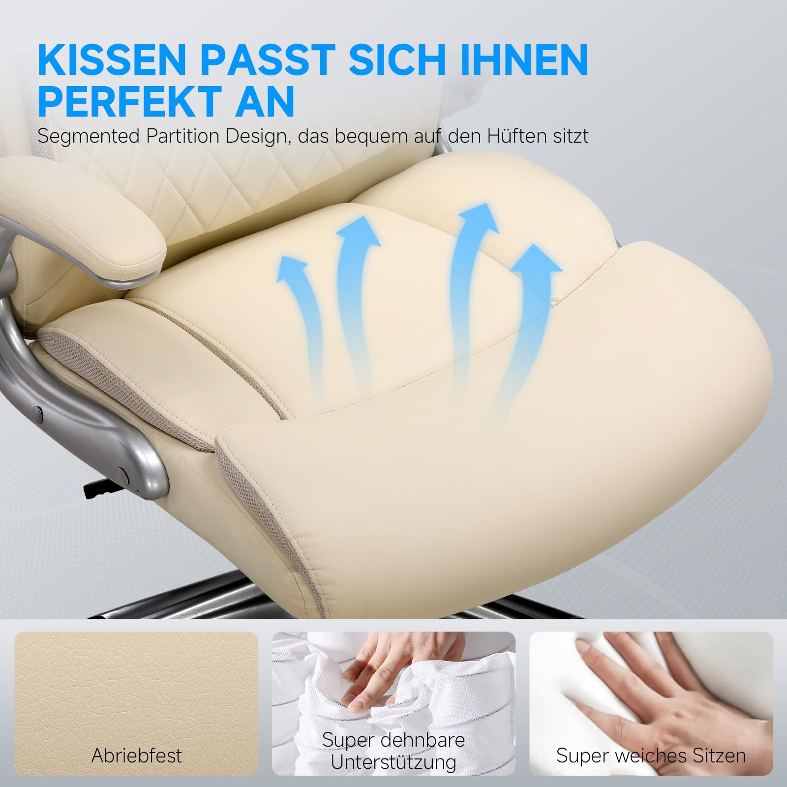 COMHOMA Bürostuhl Ergonomisch, Schreibtischstuhl mit klappbaren Armlehnenmit und Hoher Rückenlehne, Wippfunktion, Chefsessel, Kratzfeste Leder, 180KG, weiß