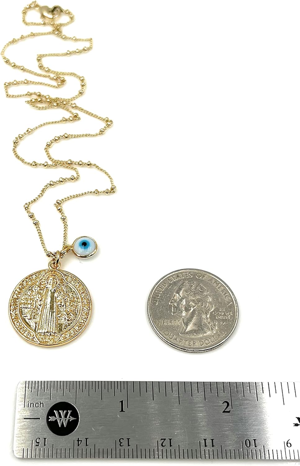 LESLIE BOULES Gold San Benito Pendant Necklace 18K Plated Chain & Small Evil Eye jewelry for Women