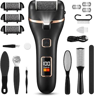Electric Foot Callus Remover, IPX6, Rechargeable, 3 Roller Heads, Waterproof Foot Scrubber, 15-in-1 Professional Pedicure Kit for Dead, Hard, Cracked Dry Skin (Black)