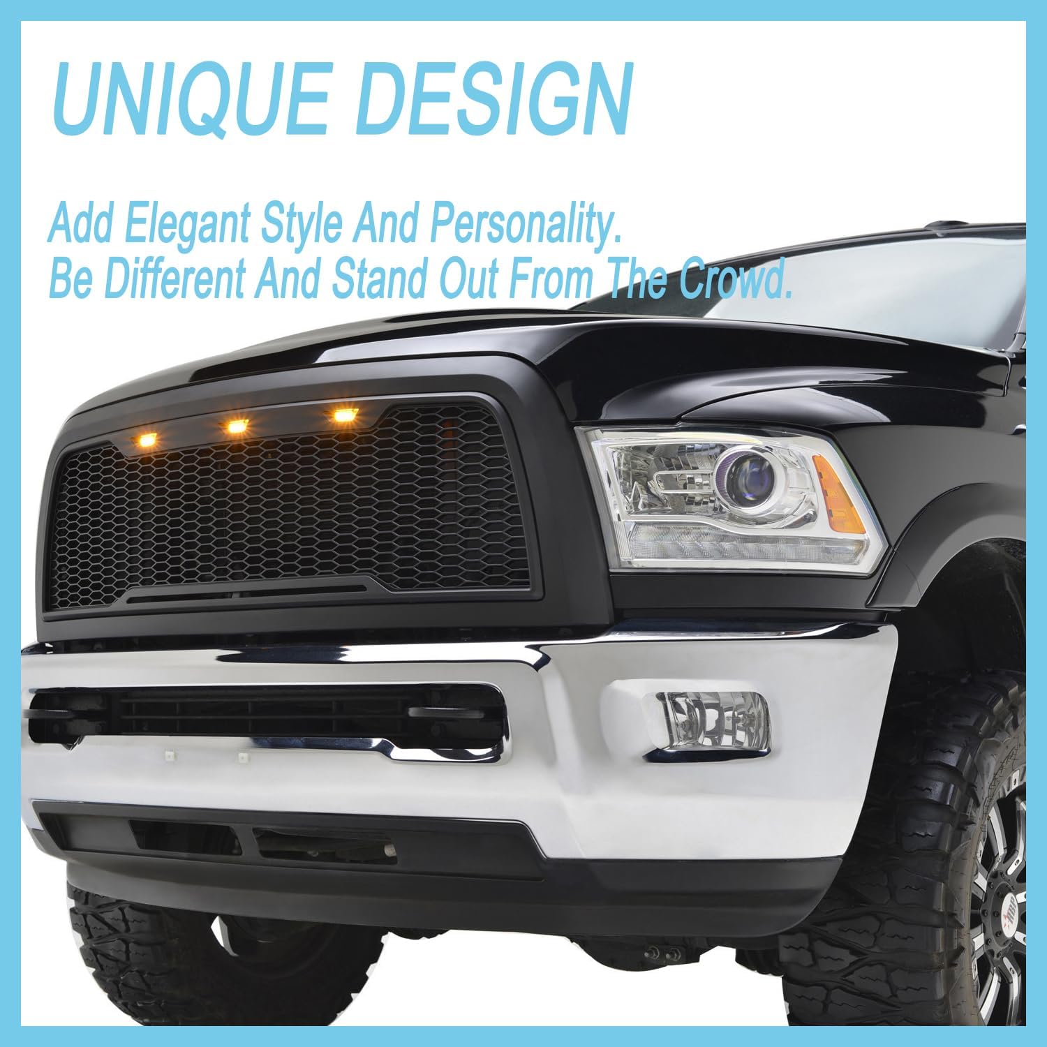 Front Bumper Grille For Dodge Ram 1500 2013-2018 Matte Black ABS Honeycomb Bumper Grill with Amber LED Lights