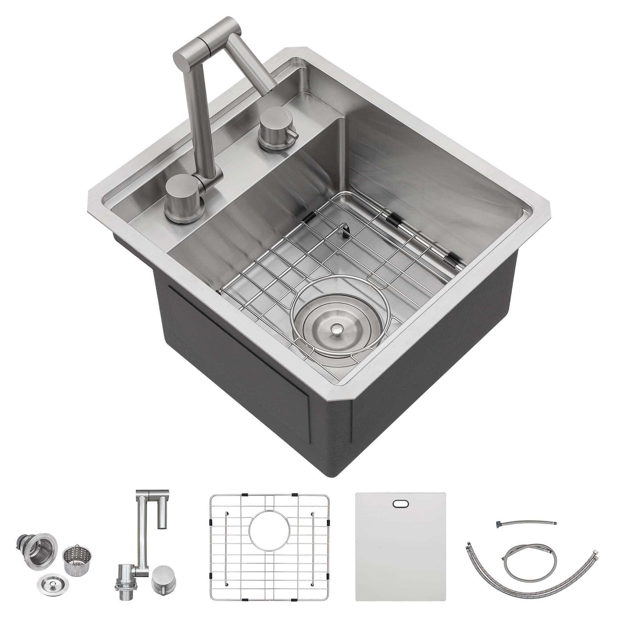 15 Inch Undermount RV Kitchen Sink Workstation - Fulorni 15"x17" Outdoor RV Mobile Camper Wet Bar Prep Sink 16 Gauge 304 Stainless Steel Single Bowl Basin with Foldable Faucet